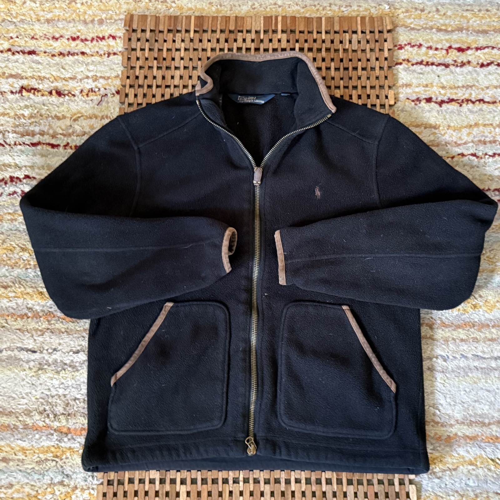 Polo Ralph Lauren Leather Trim Fleece Full Zip Jacket Black Brown Large VTG