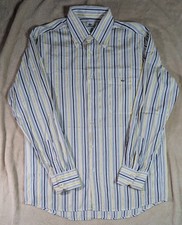 Vintage Lacoste Blue Yellow Striped Long Sleeve Button Up Shirt Mens Size 42 EUC