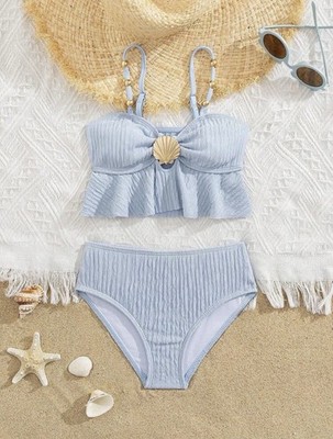 2pcs/Set Cute Solid Color Swimsuit for Young Girls for Beach/Vacation (Size 12Y)