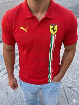 PUMA Scuderia Ferrari Herren Polo Shirt L Rot Kurzarm Baumwolle Pikee Logo