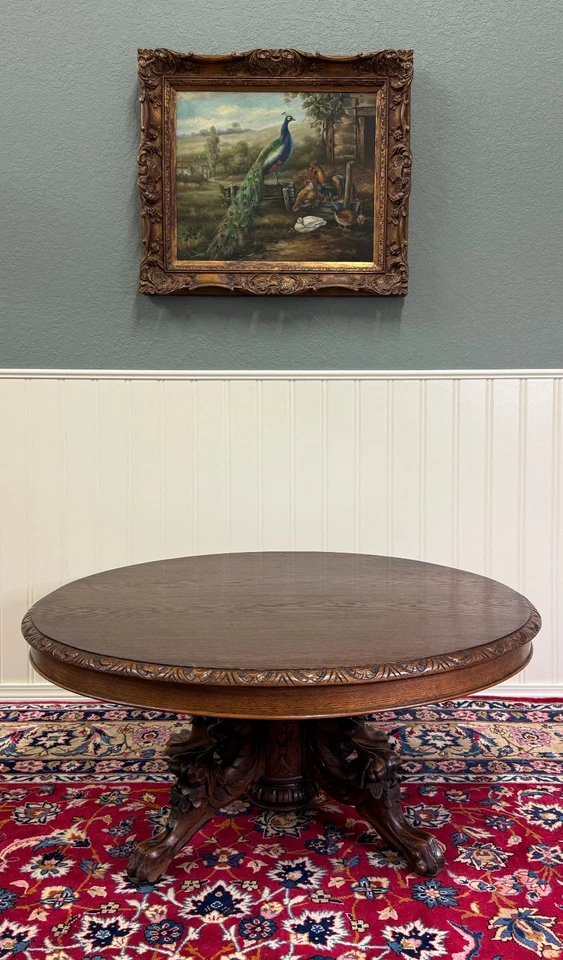 Antique French Black Forest Hunt Coffee Table OVAL Carved Griffins Oak 19th C - Image 2 of 4