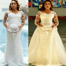 African Ivory Mermaid Wedding Dress Sheer Neck Floral Lace Detachable Train