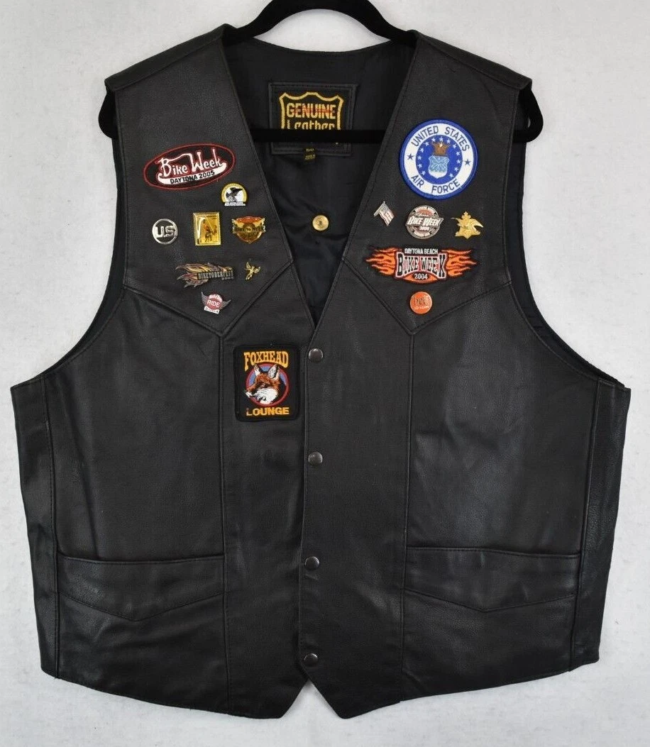 Leather Biker Vest with Patches & Pins Made in USA Size Large