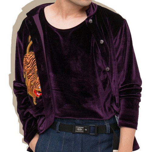 Mens Casual Long Sleeve Velvet Shirt Japanese Pattern Embroidery Ukiyoe Tiger - Picture 7 of 10