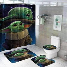 Yoda Baby Bathroom Rug Set Shower Curtain Bath Mats Non-Slip Toilet Lid Cover