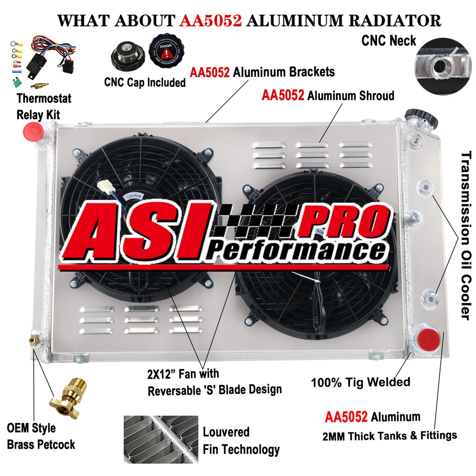 3 Row Aluminum Radiator+Shroud+Fan Fit 1978-87 Chevy Monte Carlo SS 70-81 Camaro Foto 4 de 4