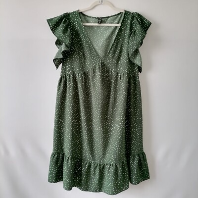 Shein Womens Green Polka Dot Flutter Sleeve Plunging Neck Smock Dress Size  2XL | eBay