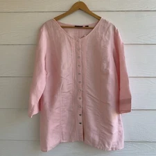 Avenue Linen Blend Tunic Top 18/20 Relaxed Lagenlook Button Down Blouse Pink NWT
