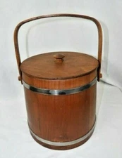 Vintage Wood Firkin Bucket Sugar Bucket 10" with Handle & Lid Basketville