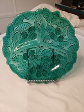 VINTAGE INDIANA GLASS LOGANBERRY TEAL GREEN GRAPES/LEAVES DIVIDED GRILL..