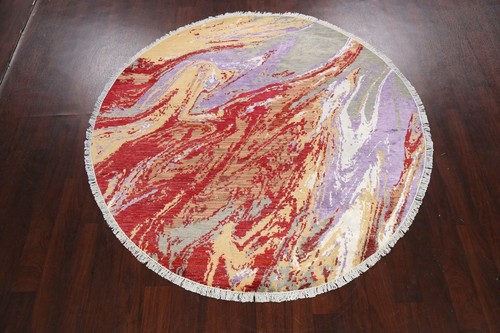 Modern Artistic Abstract Oriental Wool/ Silk Area Rug Hand-knotted 6'x6' Round - Picture 2 of 12