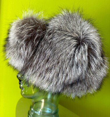 Dennis Basso Silver Fox Fur and Black Brodtail Winter Ear Flap Hat size M/L 