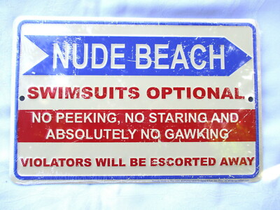 **NUDE BEACH 'Swim Suits Optional' Distressed Embossed Metal Sign #16 - NEW**