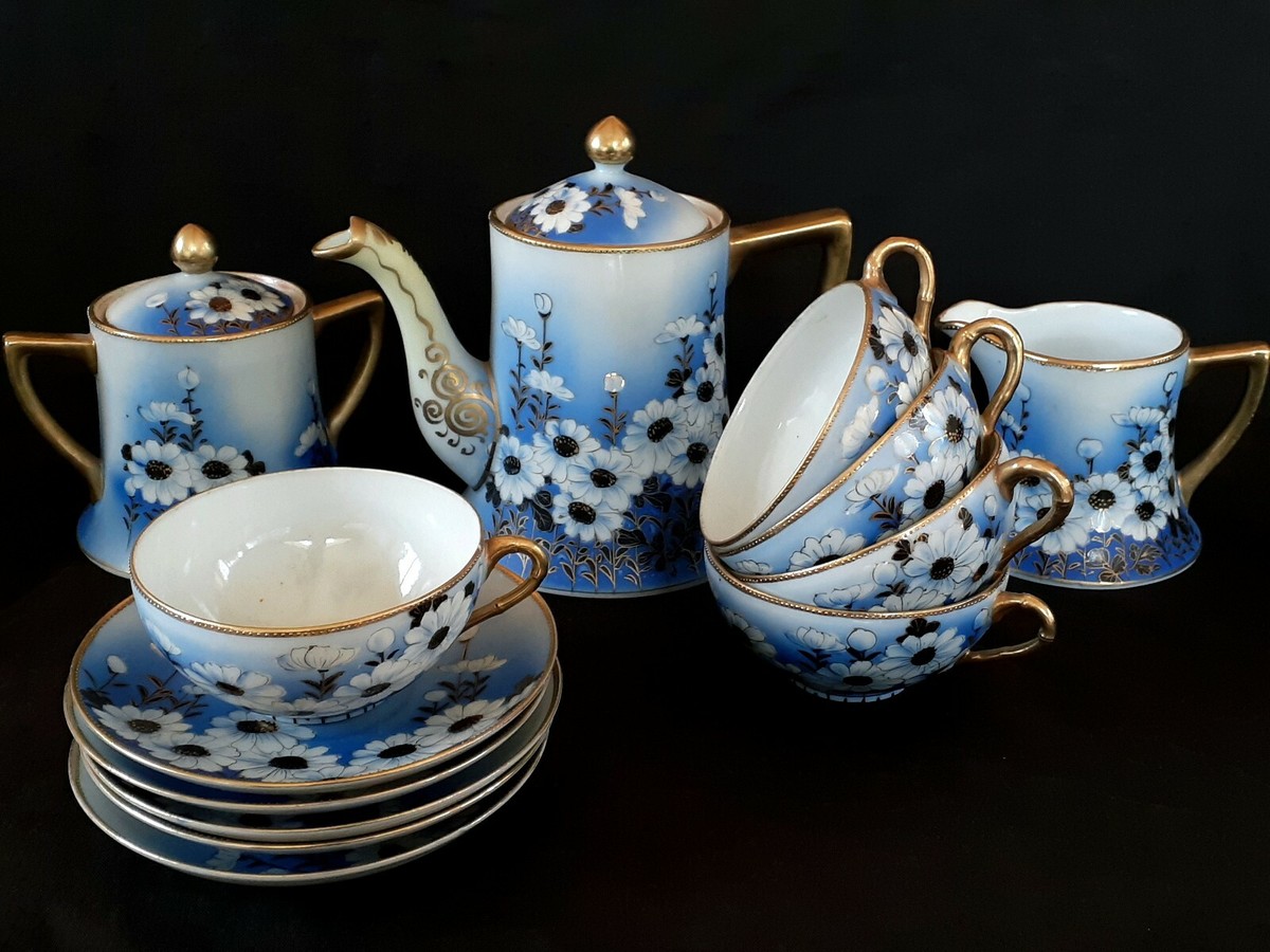 Antique Nippon hand painted blue eggshell porcelain Dasies tea set