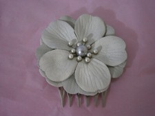 Wedding Hair Accessory Ivory Grey Leather Pearls Floral Hairpiece Comb Chic
