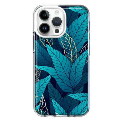 MUNDAZE Case for Apple iPhone 14 Pro Max Gold Blue Tropical Leaves