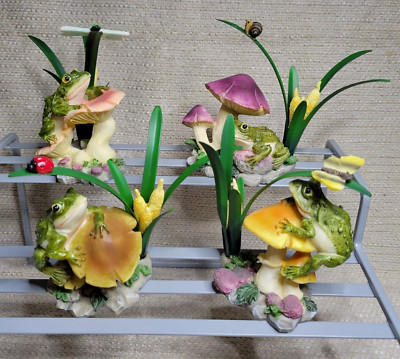 NOS 4 George S Chen Diff. Frog Figurines w/ Mushrooms Ladybugs Butterfly 231148