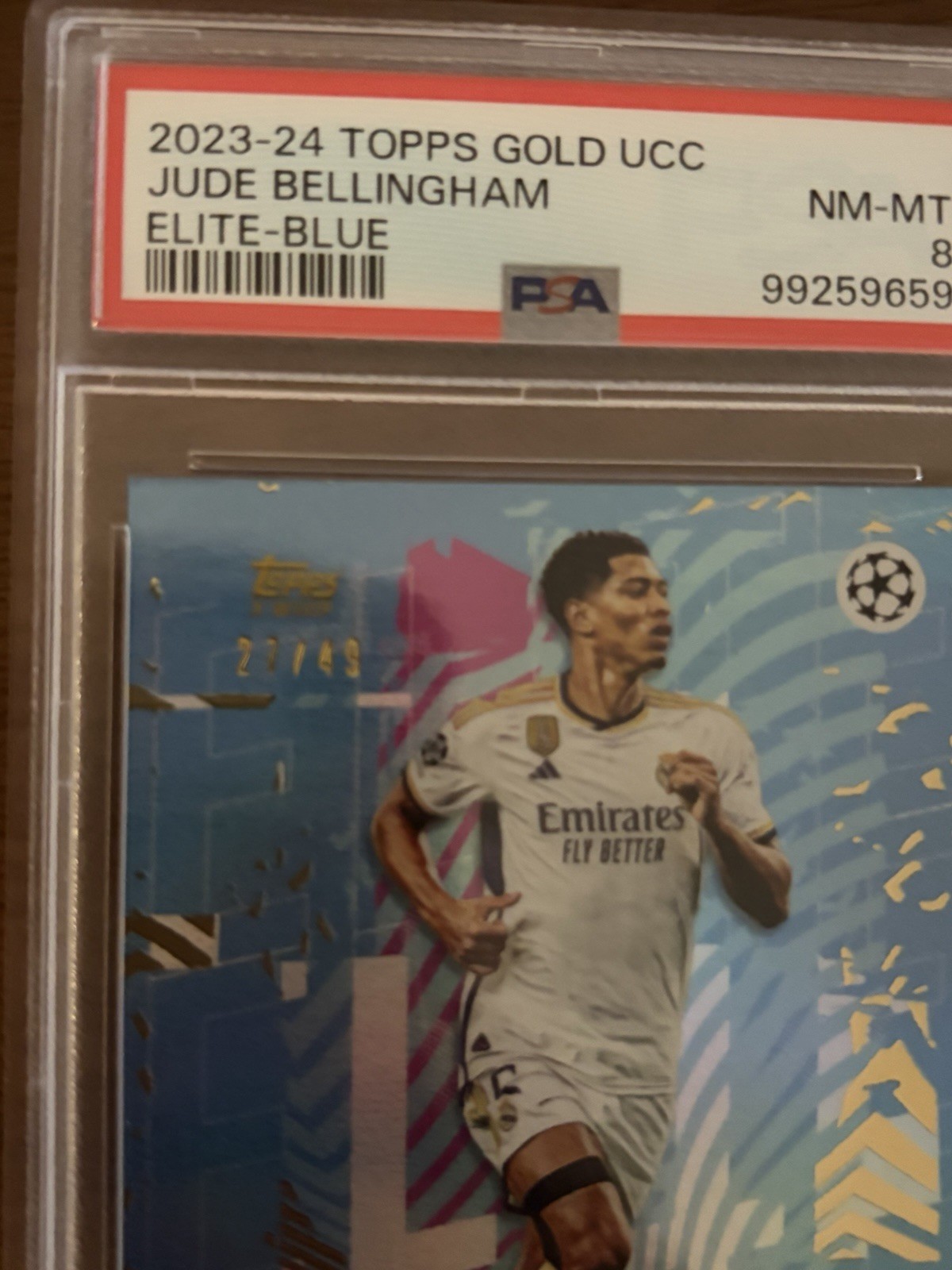 2023-24 Topps Gold UCC Jude Bellingham Elite Blue PSA 8 27/49 view 3