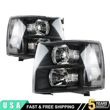 Pair Halogen Headlights For 2007-2013 Chevy Silverado 1500 2500HD 3500HD Black