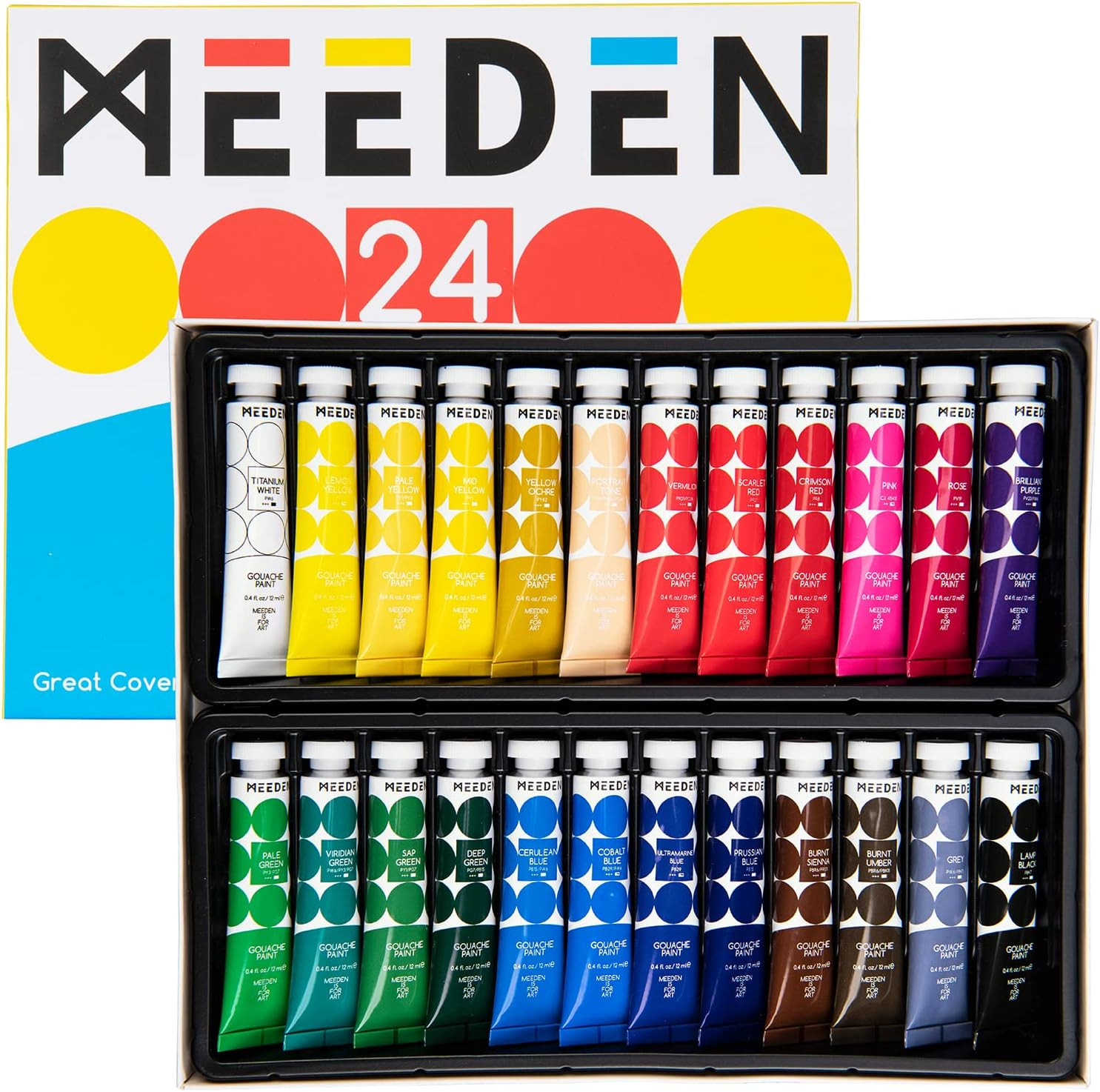 MEEDEN Gouache Paint Set, 24 Vibrant Colors (0.4Oz, 12Ml), Rich Pigment,