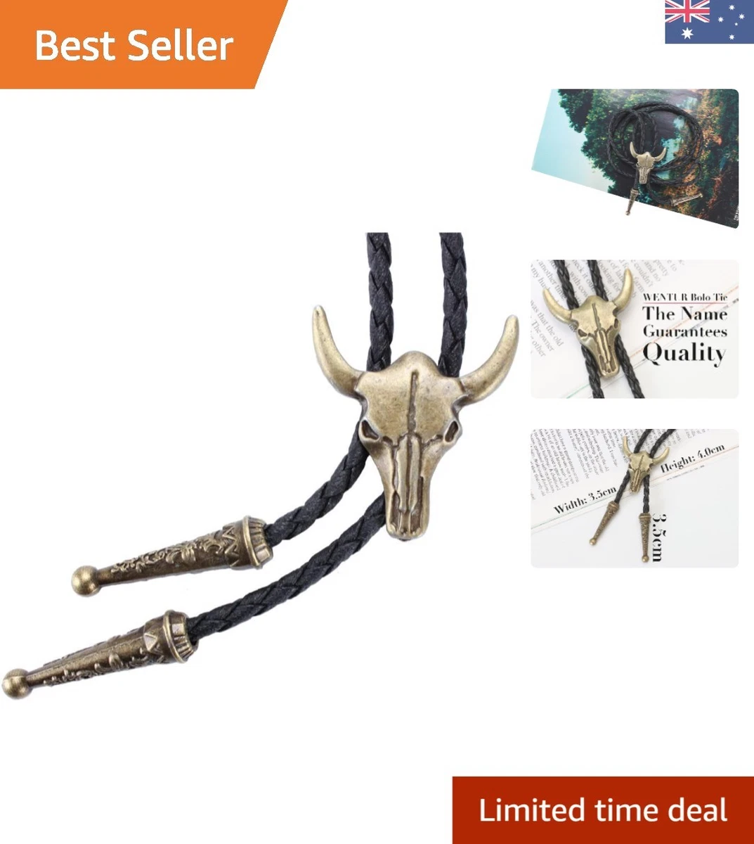 Western Vintage Bolo Tie for Men - Cow Skull Design Cowboy Tie - Black Leather B