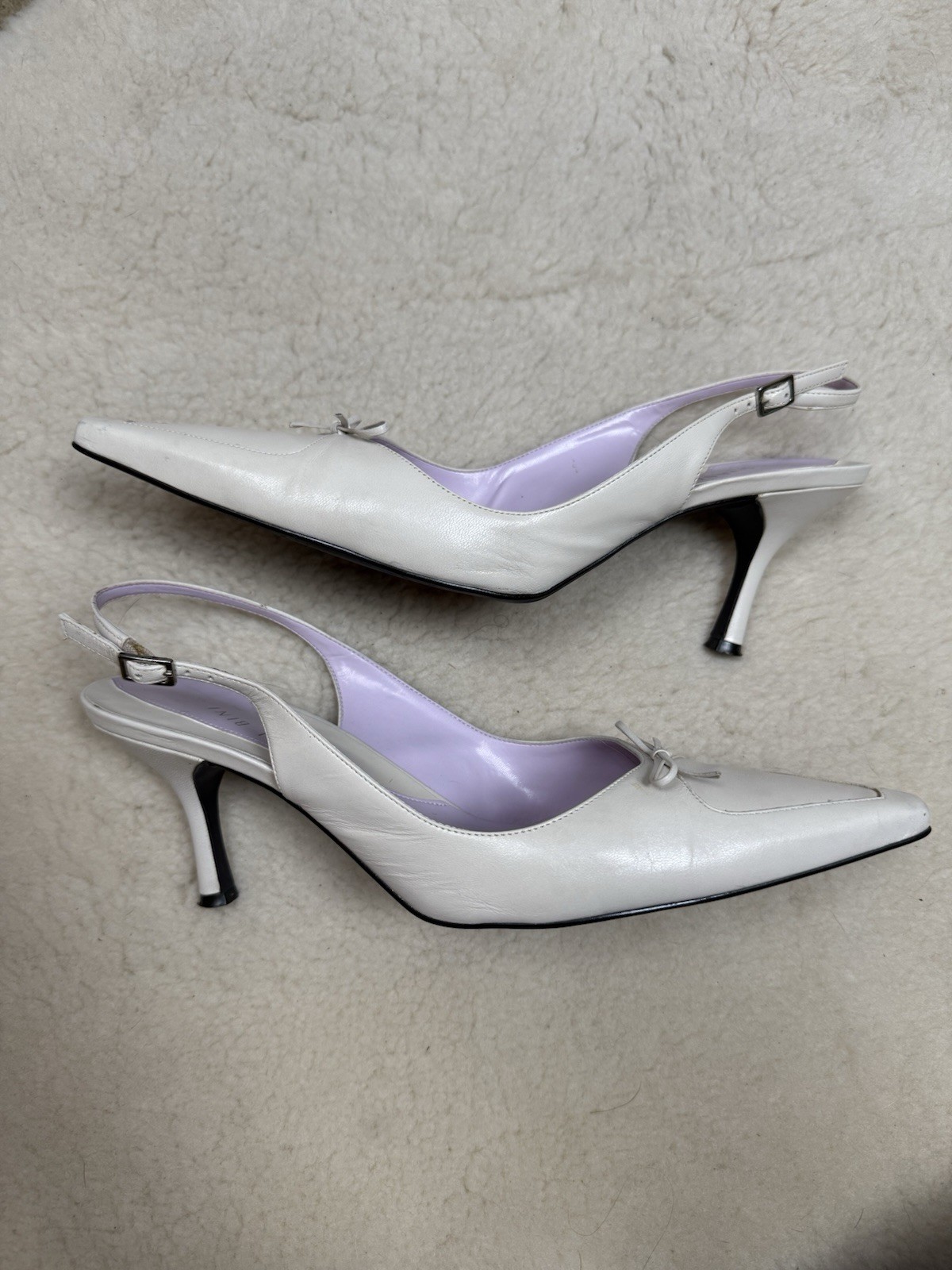 Gianni Bini Ivory Slingback Pointed Toe Kitten Heel Bow Detail Leather Pumps 9M