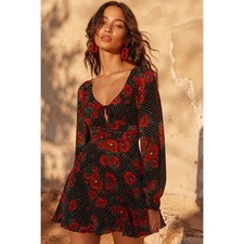 FREE PEOPLE Morning Light Retro Floral Printed Long Sleeve Mini Dress Size 2