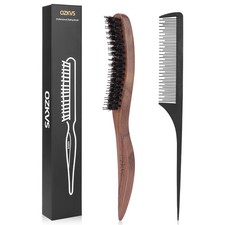 Teasing Brush and Comb Set for Women&Men,Curved Walnut Handle, Boar Bristle &...