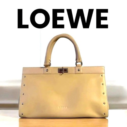 LOEWE Y2K Handbag Turn Lock Embossed Logo Leather Beige Vintage Auth From Japan