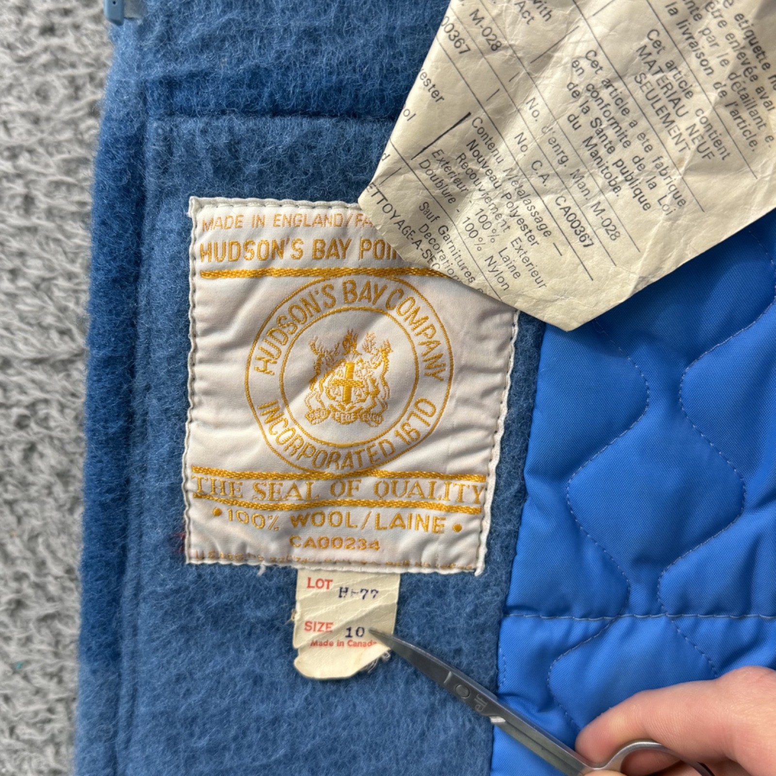 Vintage Hudson's Bay Coat Womens 10 Blue Point Blanket Wool 70s Hooded Zip Lined