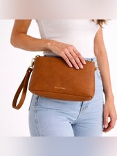Tan Leather Wristlet Crossbody Bag