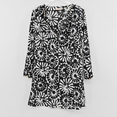 Tory Burch Pomelo Floral Beach Tunic Womens Size M Black White Cotton Sequin