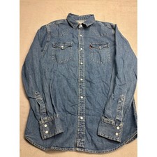 Levis Mens Western Denim Shirt Medium Wash Blue Pearl Snap Long Sleeve Small