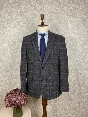 Harris Twedd Mario Barutti Gray Blue Windowpane Suede Elbows Blazer 42, EU 52