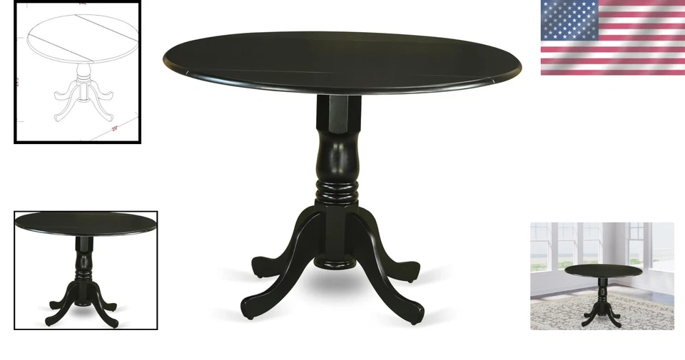 Elegante mesa de cocina redonda negra, hoja caída, base pedestal Foto 2 de 4