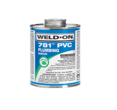 NEW WELD-ON 781 CLEAR MEDIUM PVC CEMENT- QT 14006