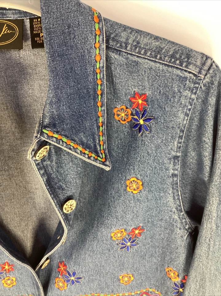 Chaqueta JULIA KIM Vintage Para Mujer Azul Denim Jean Floral Bordada Pequeña Grande Foto 3 de 4