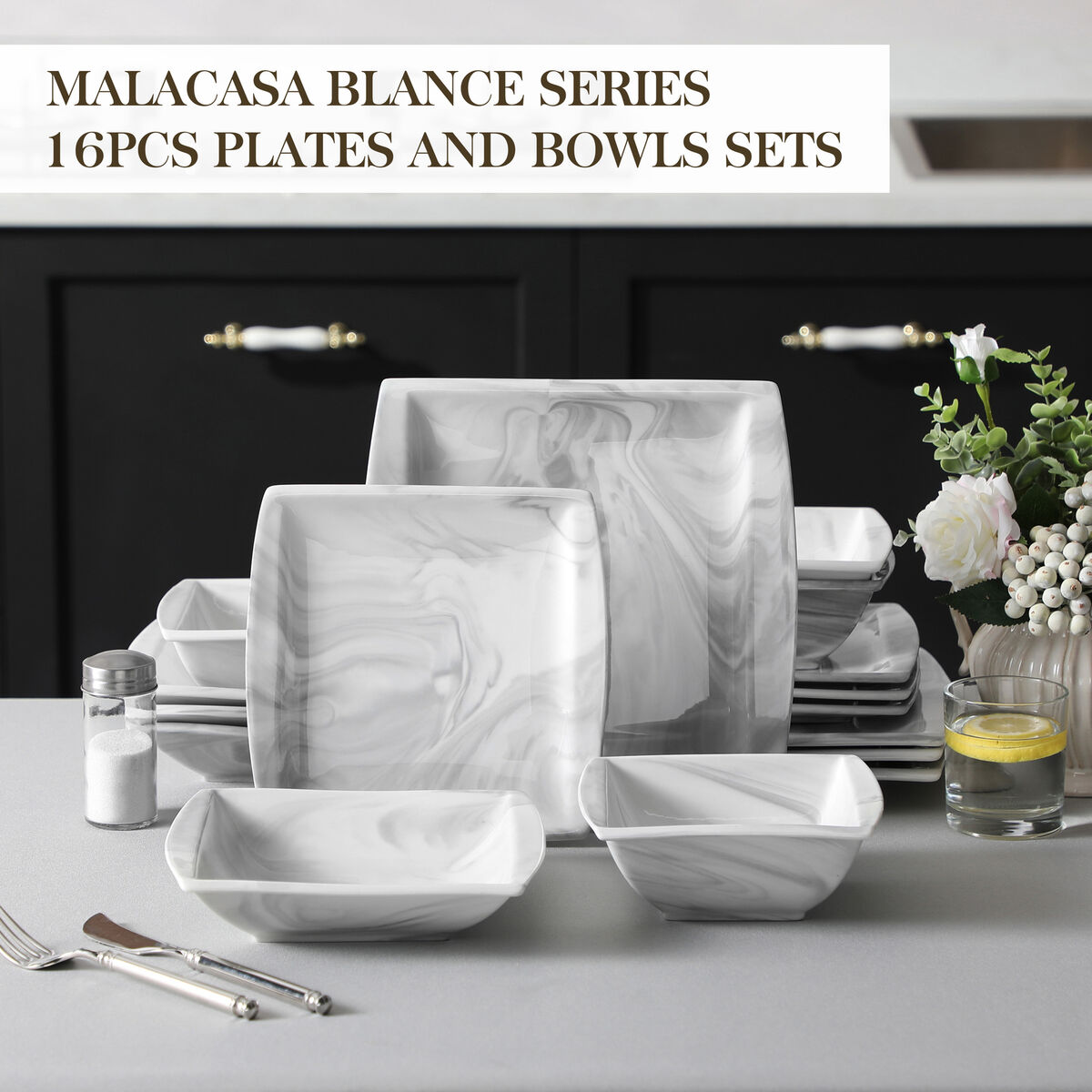 MALACASA Blance 16-Piece Bowls & Plates Set Porcelain