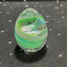 VTG Blown Art Glass Egg Paperweight Signed Trisha 1985 Clear w/Green & White