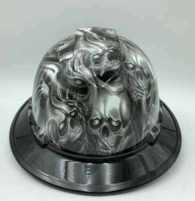 Bad Ass Vented Wide Brim Hard Hat Hydro Dipped in black brim 3 Evil Skulls