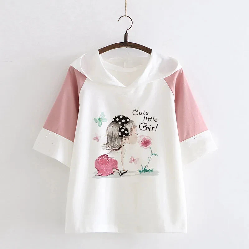 Ladies Patchwork Girls Summer Short Sleeve Hoodies Sweater T