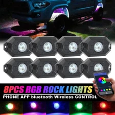 8PCS RGB LED Rock Light Underbody Fender Glow Lamp bluetooth Pickup Truck SUV