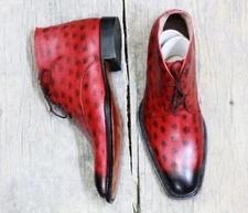 Handmade Men Red Leather Chukka boots, Men casual ankle leather boots