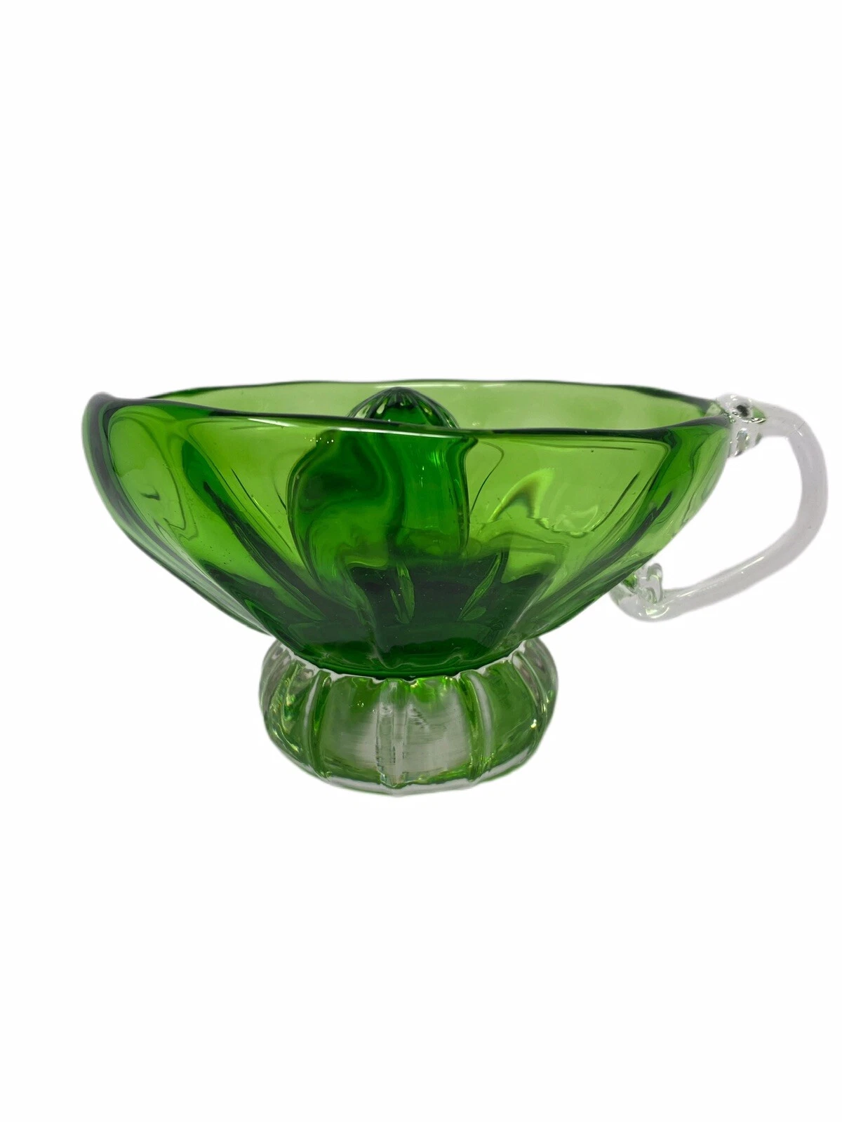 Studio Handcrafted Green Ribbed Glass Citrus Juicer Reamer Pour Spout Collector