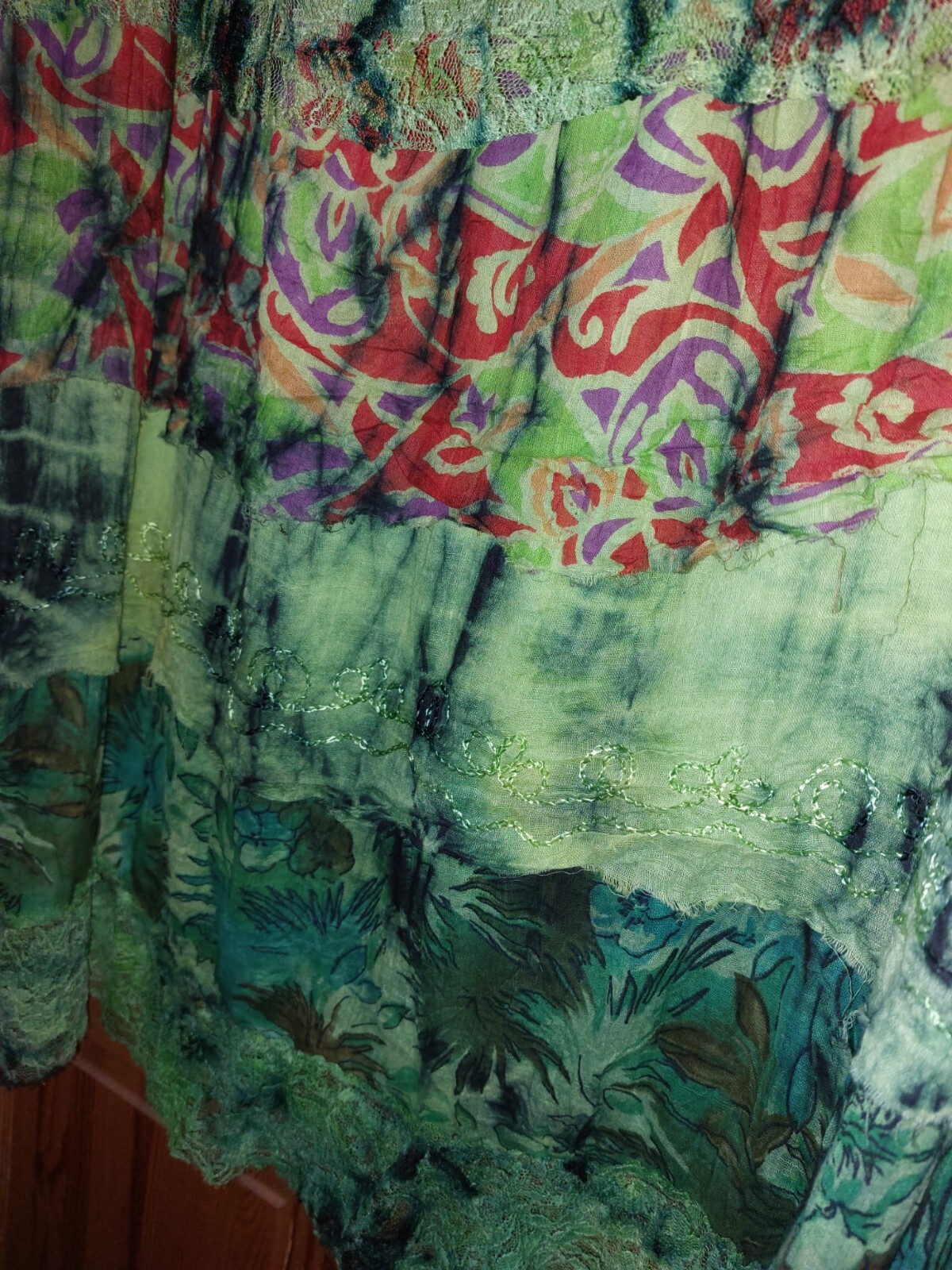 Wicked Dragon green raw edge layer cotton ethnic hippie boho gypsy peasant skirt image 3