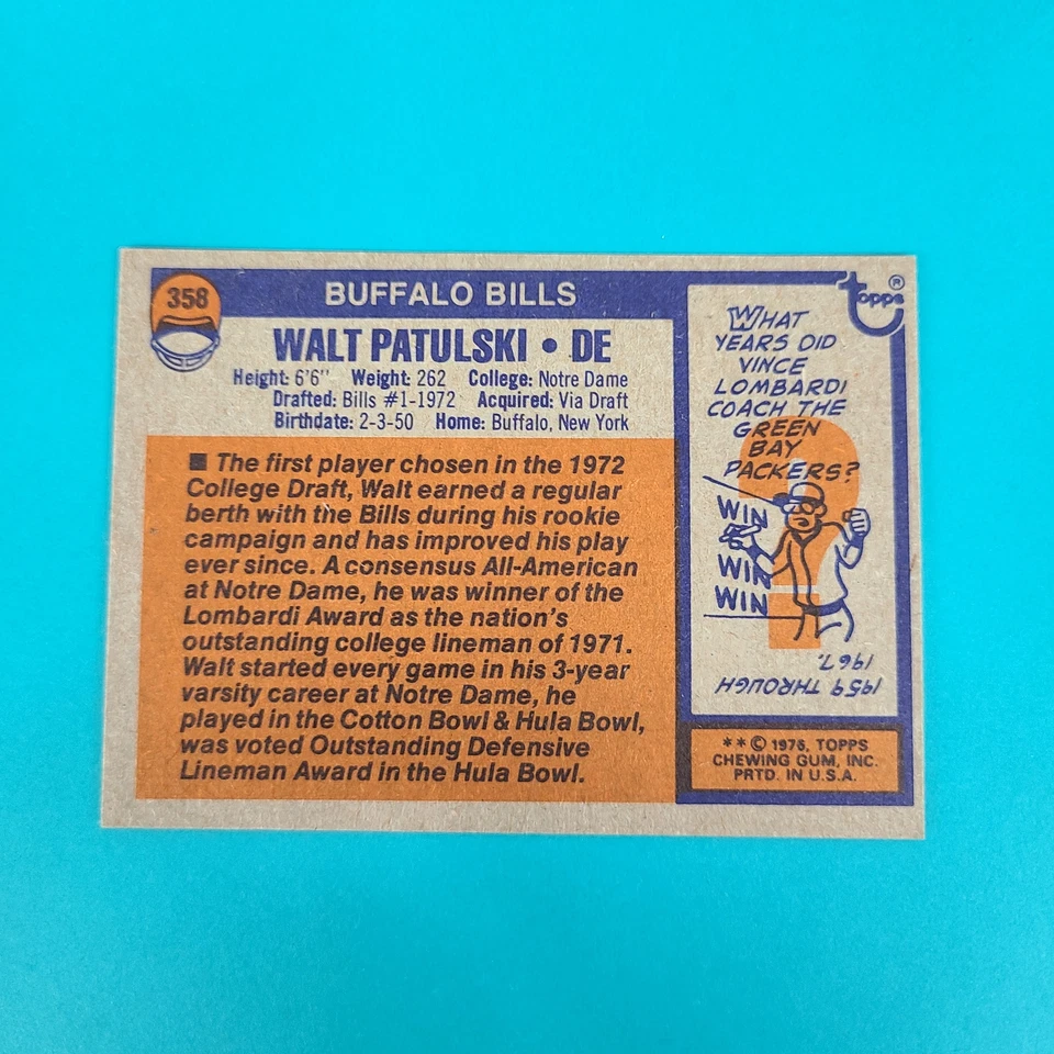 1976 Topps #358 Walt Patulski Buffalo Bills FOOTBALL Card 1C - Image 2 of 2