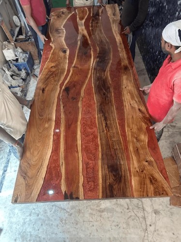 Red Epoxy Resin Center Sofa Dining Table Natural Acacia Wooden Cafeteria Decors - Picture 4 of 8