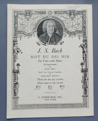 J S Bach - Bist Du Bei Mir / Thou Art My Joy - 1943 sheet music- Low voice piano