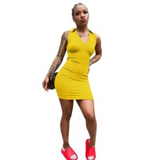 New Women Lovely Sleeveless V Neck Turn-down Collar Bodycon Solid Casual Dress