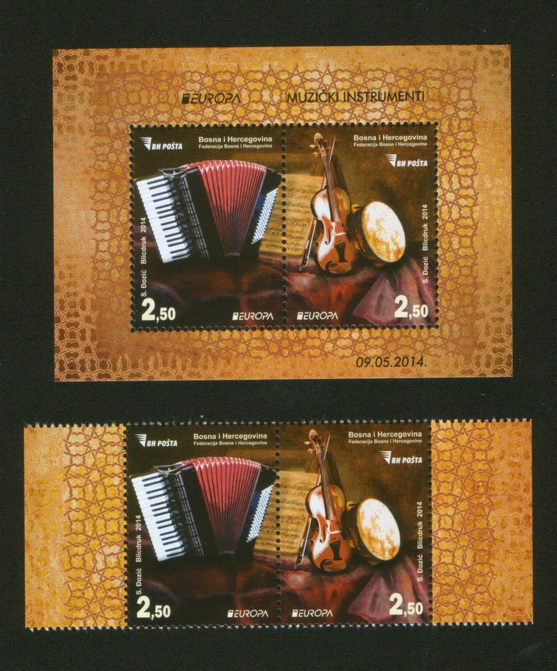 BOSNIA-MNH** PAIR+BLOCK-EUROPA CEPT-NATIONAL MUSIC INSTRUMENTS-2014. - Image 2 of 2